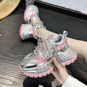 Designer Fashion Chunky Sneakers Women Autumn Lace Up Non-slip Sports Shoes Woman Luxury Thick Bottom High Heels Female Sneakers