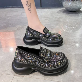 2024 Autumn Women Platform Shoes Rhinestones Thick-soled White Silver Shoes Shining Crystal Sneakers Trend Casual Sneakers