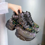 2025 New Women's Trendy Designer Thick soled Sneakers with Lace Water Diamond Casual Shoes Fashion Glitter Luxury Women's Shoes