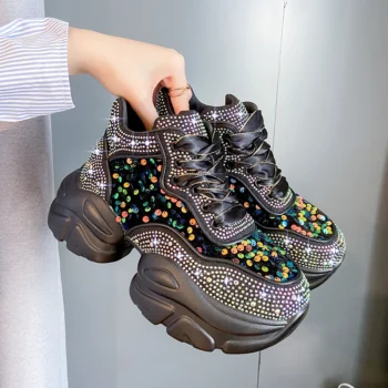 2025 New Women's Trendy Designer Thick soled Sneakers with Lace Water Diamond Casual Shoes Fashion Glitter Luxury Women's Shoes