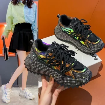 Full of Diamond Muffin Bottom Height increasing shoes Women 2024 Spring New Cross-strap Thick Sole Casual Fashion Running Shoes