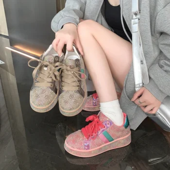 2025 New Women's Designer Mesh Breathable Increased Thick soled Sneakers Luxury rhinestone Casual Shoes Fashion Flat Sneakers