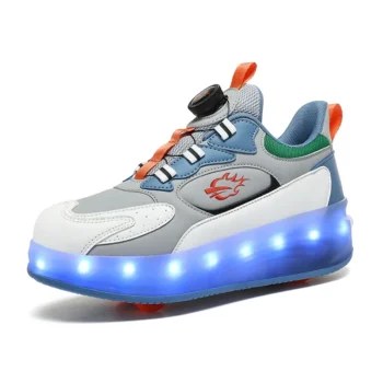LED Lights Kids Roller Skate Shoes Detachable Parkour Sport Boys Girls With 4 Wheels Running Casual Deformation Skating Shoes