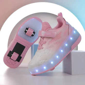 LED Lights Kids Roller Skate Shoes Boys Girls Casual Sport Deformation With 2 Wheels Detachable Running Parkour Skating Shoes