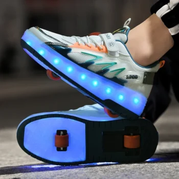 LED Lights Kids Roller Skate Shoes Running With 2 Wheels Detachable Deformation Adults Casual Boys Girls Parkour Skating Shoes