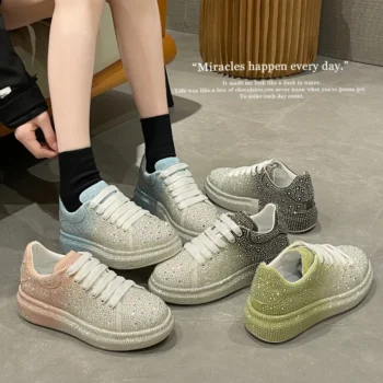 Luxury Women's Flat Casual Sports Shoes with Water Diamond Thick Bottom Mixed Color Women's Shoes Shining Designer Trendy Shoes
