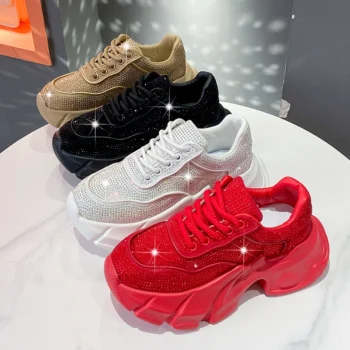 Luxury running shoes 2025 New Shiny Rhinestone Women's Sneakers Shoes Autumn Fashion Thick Sole Sports Shoes Zapatos De Mujer