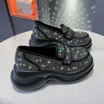 Luxury Full Diamond Women's Flat Shoes Thick Bottom Beige Black Shining Crystal Sneakers Trendy Casual Shoes zapatillas mujer