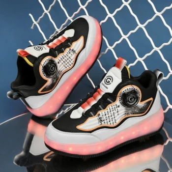 LED Lights Kids Roller Skate Shoes Boys Girls Running With 4 Wheels Parkour Detachable Adults Casual Deformation Skating Shoes