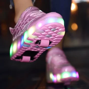 LED Lights Kids Roller Skate Shoes Casual Running Boys Girls Adults With 2 Wheels Parkour Detachable Deformation Skating Shoes