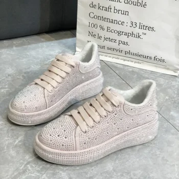 Fashion Women's Casual Sports Shoes with Water Diamond Thick Bottom White Pink Women's Shining Luxury Sports Shoes Trendy Shoes