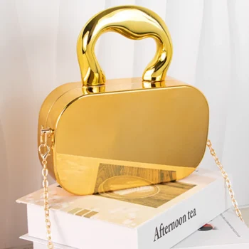New Metal Handles Metallic Evening Bag Metal Box Women Chain Strap Bag Solid Color Crossbody Bag Vintage Square Bag Shoulder Bag