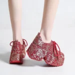 Luxury Designer Red Banquet Shoes 9CM Thick soled Women's Height Boosting Shoes Fashionable Shining Embroidered Party Shoes