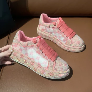 2025 Spring New Luxury Women's Sports Shoes Sparkling Shoes Luxury Lace up Mesh Water Diamond Fashion Casual Shoes zapatos mujer