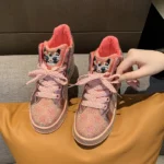 Women's Designer Shiny Full Diamond Thick soled Sneakers Breathable Lace Up Shoes Fashionable Cute Pink High Top Casual Sneakers