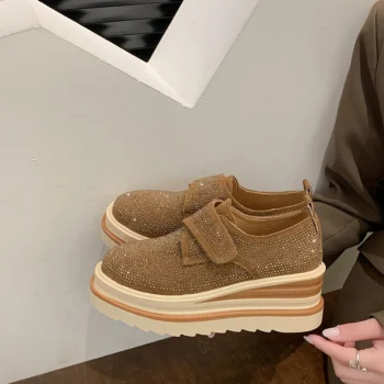 Luxury designer Women Platform Shoes with Inward Height Increase Anti Slip Round Toe Spring Outdoor Frosted Leather Casual Shoes