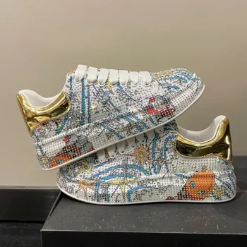 Shiny Rhinestone Graffiti Casual Shoes Women New Spring Fashion Thick Soled Anti Slip Versatile Sports Shoes Banquet Flat Shoes