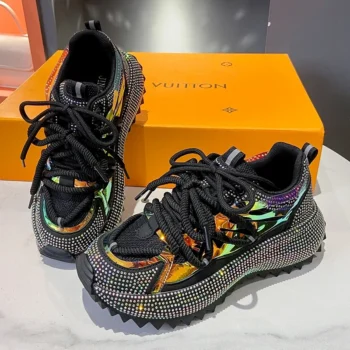 Full Diamond Luxury Thick soled Tall Shoes for Women's Cross Lace-up Casual Fashion Sports Shoes Designer Running Shoes zapatos