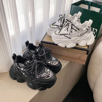 Designer Women Crystal Platform Sneakers Breathable Leather Chunky Shoes Lace-up Sport Vulcanized Shoes Female Casual Shoes 7CM