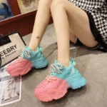 Color Blocking Women's Sneakers Women Pink PU leather Platform Shoes Leisure Fashion Designer Running Shoes zapatillas mujer