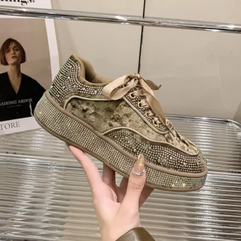 Women's Designer Water Diamond Suede Casual Shoes Fashion Thick Bottom Lace up Sports Shoes High Quality Flat Vulcanized Shoes