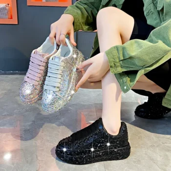 Designer Leather Women's Shoes New Fashionable Thick soled Shoes Luxury Shining Sneakers Trendy Sparkling Water Diamond Shoes