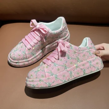 Designer Full Diamond Thick Bottom Casual Shoes with Lace up Women's Fashion Sports Shoes Pink Printed Women's Luxury Flat Shoes
