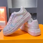 2025 Spring Autumn Women's Fashion Pink Water Diamond Printed Shoes Luxury Thick soled Sports Shoes Designer Water Diamond Shoes