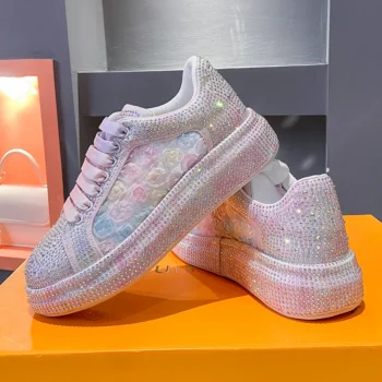 2025 Spring Autumn Women's Fashion Pink Water Diamond Printed Shoes Luxury Thick soled Sports Shoes Designer Water Diamond Shoes