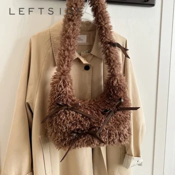 LEFTSIDE Bow Design Fashion Luxury Women's Handbags Designer Lady Crossbody Bags Fluffy Soft Plush Warm Winter Shoulder Bags