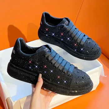 2025 Spring Autumn Fashion Sports Shoes Thick Bottom Lace Up Water Diamond Women's Casual Shoes Designer Shining Women's Shoes