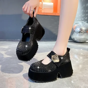 2025 Women's Square Head Thick Bottom Full Diamond Luxury Thick Bottom Fashion Sports Shoes Comfortable Designer Single Shoes