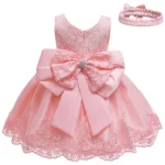 New summer Baby Dress Lace Big bow Pink Baptism Dresses for Girls 1st year birthday party wedding baby clothing 3-10 Years