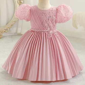 HETISO New Girl Pleated Princess Dresses Cute Beading Bubble Sleeves Kids Children Wedding Birthday Party Ball Gown 6M-4 Years