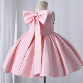Big Bow Sweet Baby Girls Pink Dress Solid Elegant Toddler Kids Christening Birthday Vestidos Weddings Party Girls Princess Dress