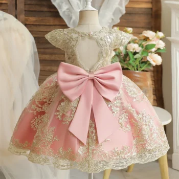 Embroidery Flower Kids Wedding Dresses for Girls Luxury Golden Lace Vintage Princess Dress Baby Girl Baptism Birthday Party Gown
