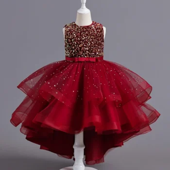 A88 Children Mesh Gown Girls Sleeveless Dress Pink Wedding Evening Party Princess Dresses For Kids Girl